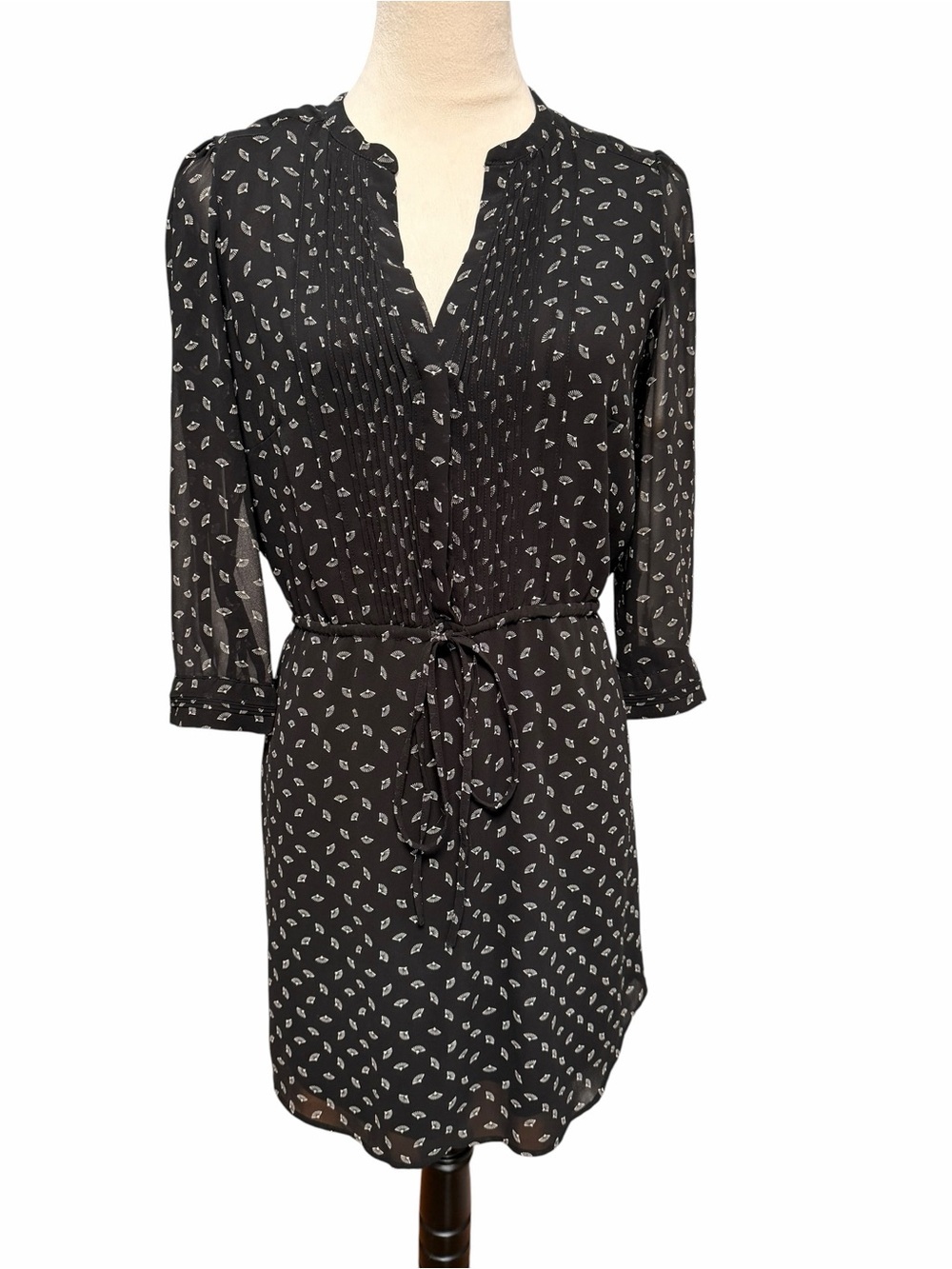 H&M Size 10 Black Printed Elastic Tie Waist Shirt Dress Sheer Lightweight